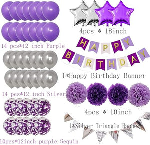 Purple and Silver Birthday Decorations Set-Purple Happy Birthday Banner Latex and Confetti Balloons Paper Garland Huge Number