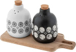 Karma Milo Stoneware Salt & Pepper Set w/Wooden Tray, Black & White 8.5"x3"x5"H