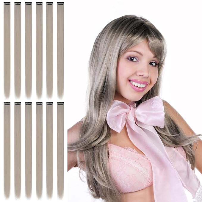 12 PCS Colored Clip in Hair Extensions, BEAHOT 22 Inch Long Straight Hairpieces Clip in Synthetic, Halloween Cosplay Dress Up Fashion Party Christmas New Year Gift for Women Kids Girls, Gray