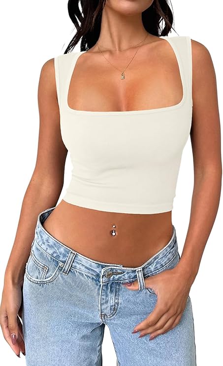 Women's Sleeveless Ribbed Crop Top Seamless Square Neck Going Out Workout Tank Top-Beige-Size X-SMALL