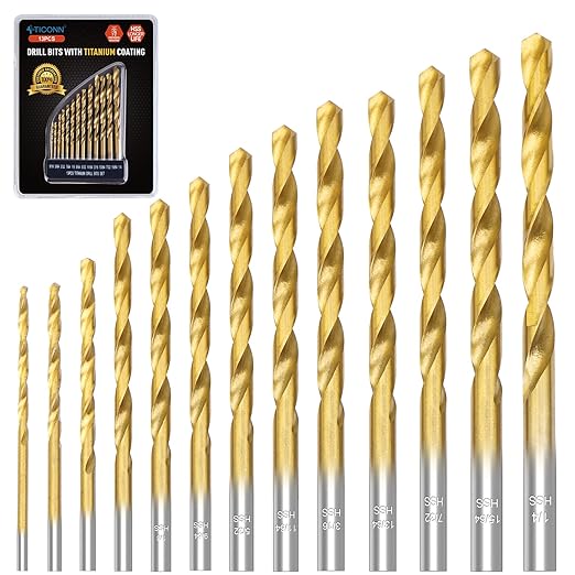 TICONN 13 PCS Titanium Coated Drill Bit Set, 135 Degree Tip High Speed Steel HSS Drill Bits Kit for Steel, Aluminum, Copper, Soft Alloy Steel, Wood, Plastic Size from 1/16" to 1/4"