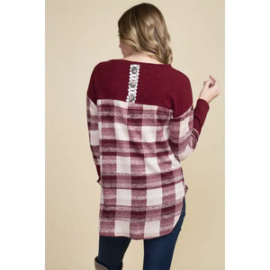 Button Back Tunic Top-Burgundy-Size Large