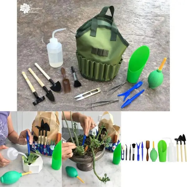 14PC Garden Tool Kit - Solid Green Carrying Case - Indoor/Outdoor