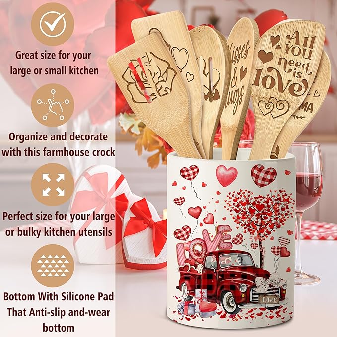 Valentines Day Gifts Ceramic Utensil Holder with 6PC Valentines Bamboo Spoons, Truck Cooking Tools Kitchen Utensils Set with Bamboo Spoons for 6, Farmhouse Valentine Day Housewarming Gifts for Him Her