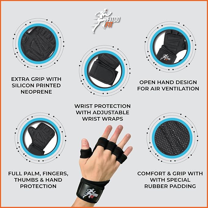 Ventilated Weightlifting Workout Gloves - Silicone Padding Integrated with Wrist Wraps for Men & Women, for Cross Training, Gym Fitness, Pull Ups, Full Palm Protection, Wrist Hand Support