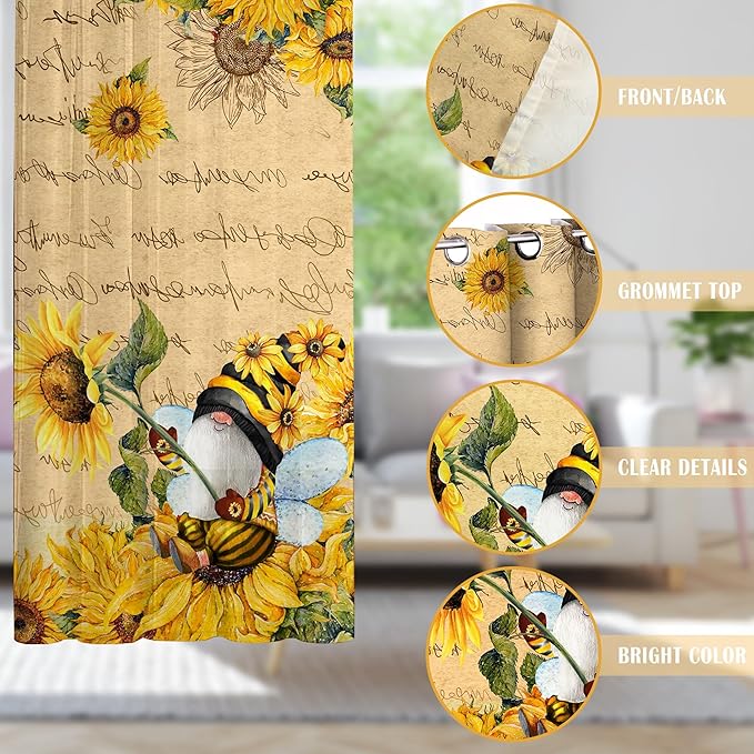 Bonsai Tree 2 Pack Sunflower Curtains for Bedroom 52x63 inch with Gnome - Sunflower Decorations and Spring Decorations for The Home