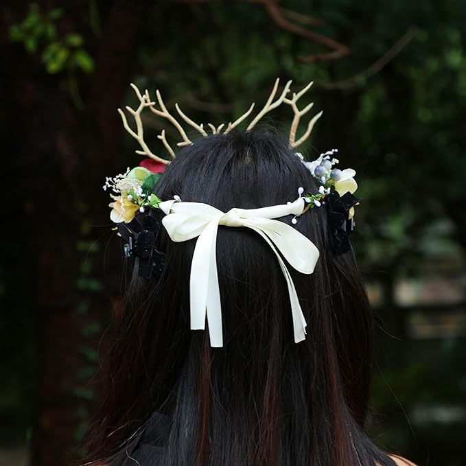 Flower Crown Deer Antler Headband with Ribbon for Women Girls Party Wedding Photo Props Halloween