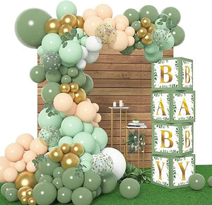 Baby Boxes Sage Green for Baby Shower Decorations, 60 Assorted Balloons, 4 Baby Blocks with Gold Letter for Gender Neutral Boy Girl Safari Jungle Birthday Party Supplies