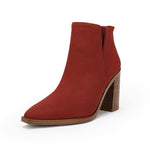 Women Chunky Block Stacked Mid Heel Ankle Boots Back Zipper Cut Out Pointed Toe Cosy Booties. Wine Red--Womens Size 7