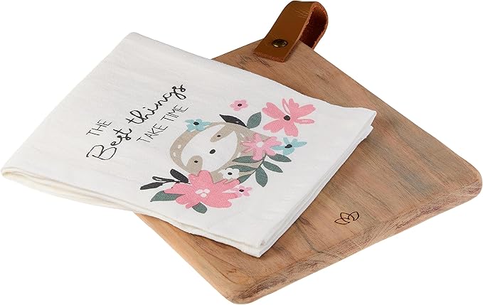 Karma Wood Cutting Board w/Tea Towel Sloth, Cotton 8.25"x9.25"x0.50"H, 28"x20"