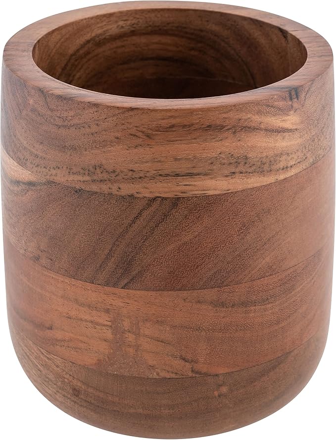 Karma Wooden Crock Utensil Holder, Brown, Acacia Wood, Large, 5”Dx5.5”H