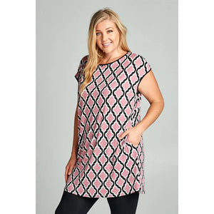 Plus Size Printed Tunic Dress with Side Pockets-Mauve