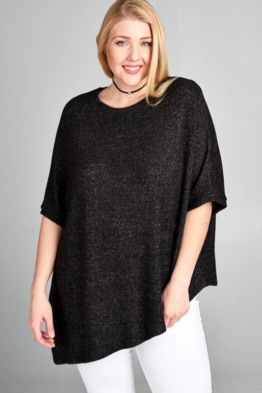 Plus Size Two-Tone Soft Hacci Brush Pullover-Black