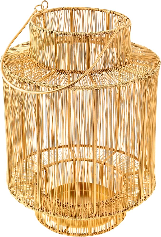 Karma Gold Cylindrical Wire Metal Pillar Candle Holder Lantern, Small 8"Dx13"H (2 Pack)