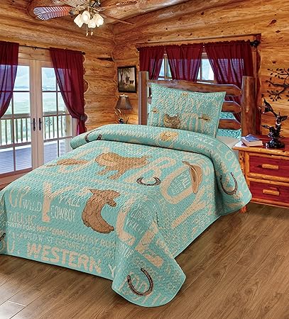 Teal Billboard Howdy, Cowboy, Y'all Western Country Boots Quilt Bedding Set/Size: Twin Quilt + 1 Pillow Sham