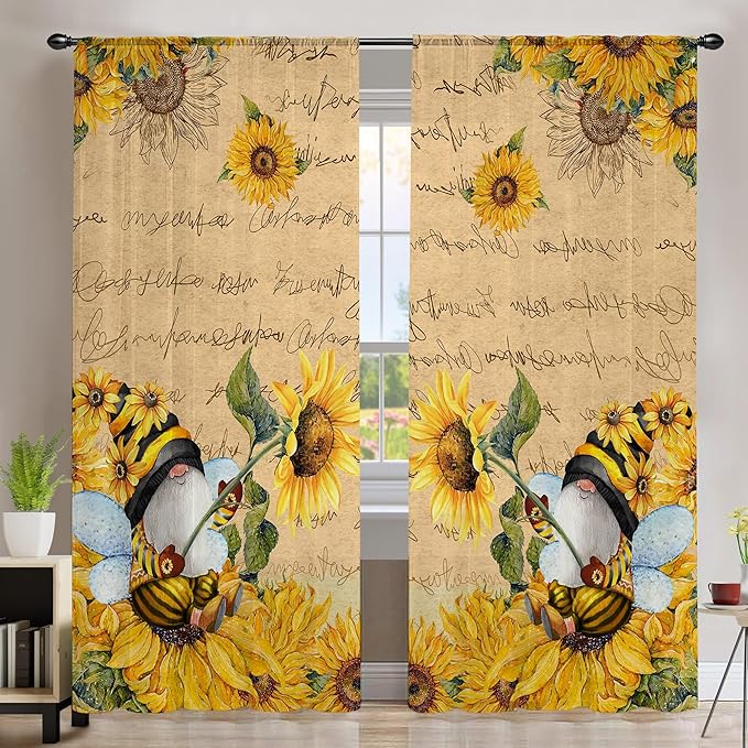 Bonsai Tree 2 Pack Sunflower Curtains for Bedroom 52x63 inch with Gnome - Sunflower Decorations and Spring Decorations for The Home