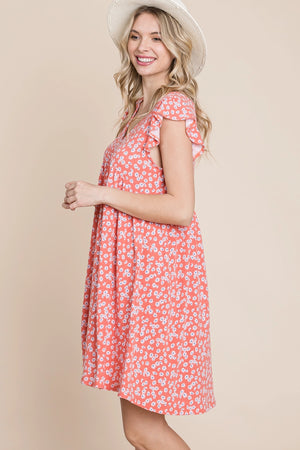 Plus Size Mini Floral Swing Dress-Coral