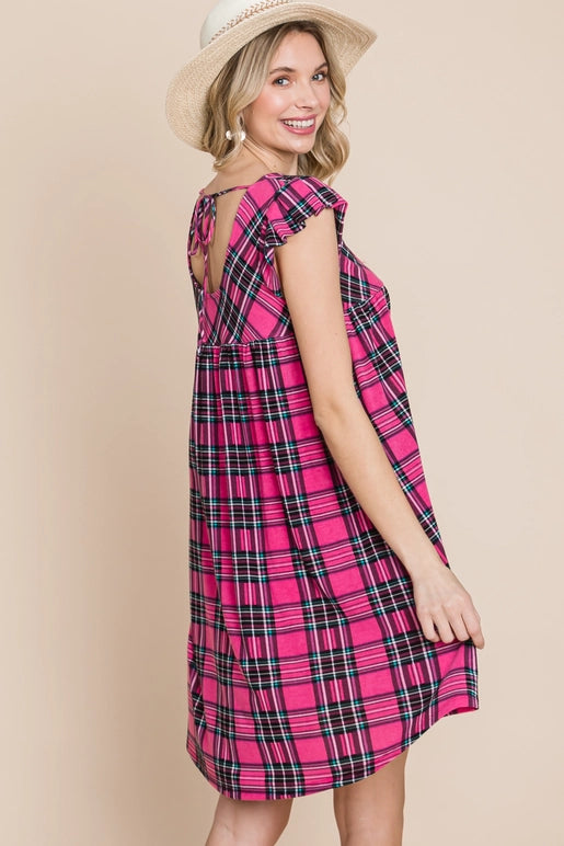 Plus Size Plaid Babydoll Dress with Open Back-Hot Pink