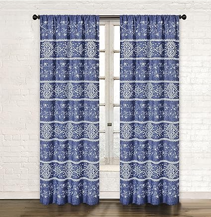 Indigo Blessing Southwestern Blue & White Floral Style 84" Curtain Panel Drapes with Rod Pocket & 2 Curtain Tiebacks