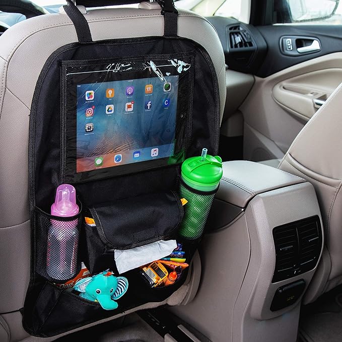 Backseat Car Organizer - Travel Accessories, Includes Large Tablet Holder, Tissue or Wipe Dispenser, Bottle Holder, and Pouches - Black (2 Pack)