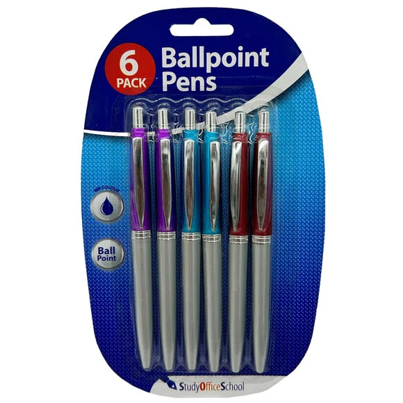 6 Pack Colorful Ballpoint Pens with Blue Ink