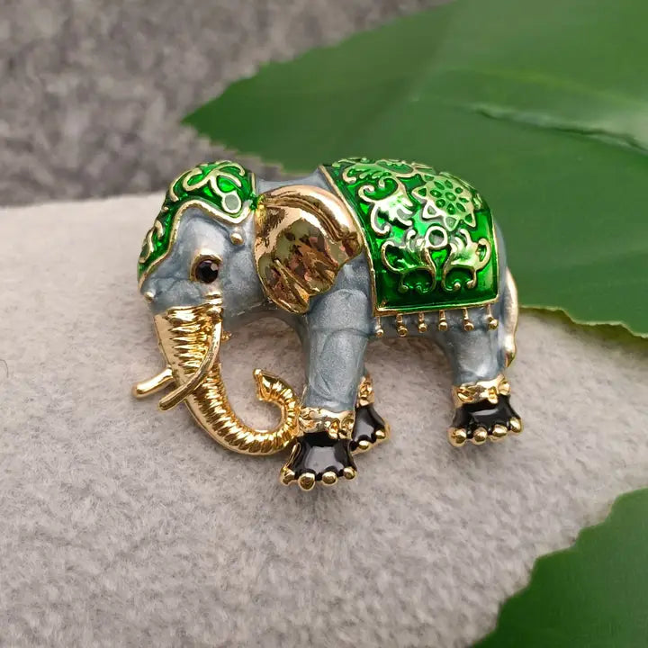 Enamel Green Elephant Brooch