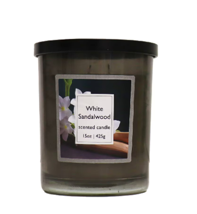 Jar Candle Smoke Glass, Black Metal Lid, 2 Wick, White Sandalwood Scented 15oz