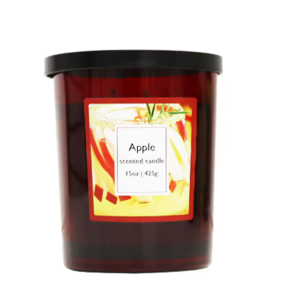 Jar Candle Burgundy Glass, Black Metal Lid, 2 Wick, Apple Scented 15oz