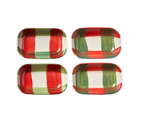 Tag Tis Season Set/4 Plaid Mini Rectangle Dish Red & Green Ceramic 4"x2.5"x1"H