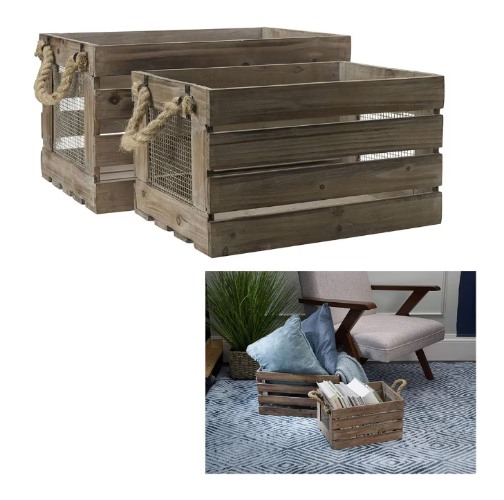 Elements SET/2 Distressed Wire/Wood Storage Bins 15"x10"x8.5"H, 18"x12"x10"H