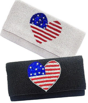 American USA Flag Heart Glass Beaded Clutch Crossbody Bag Purse