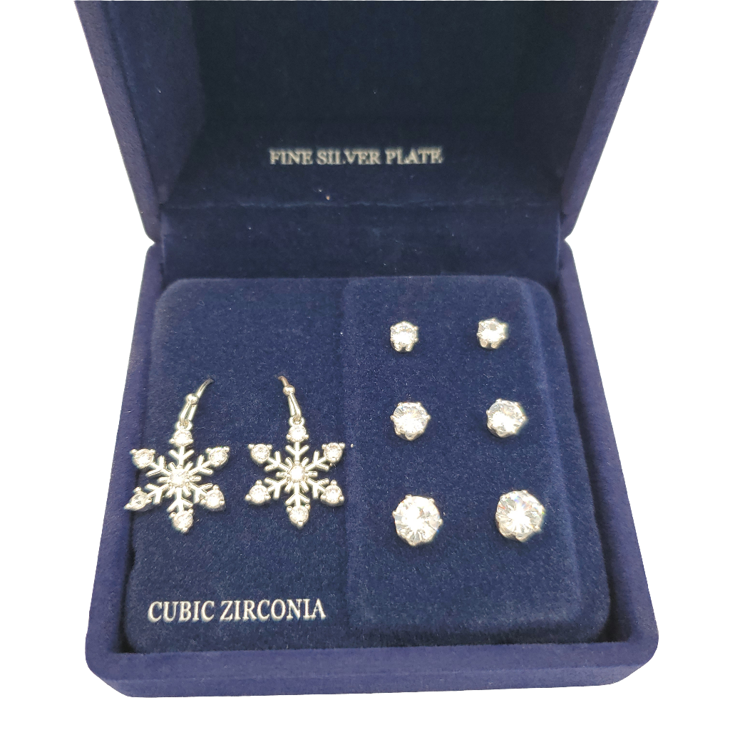 Woman's Silver Plate Snowflake Earrings & Solitaire Stud Earrings 4 Piece Set