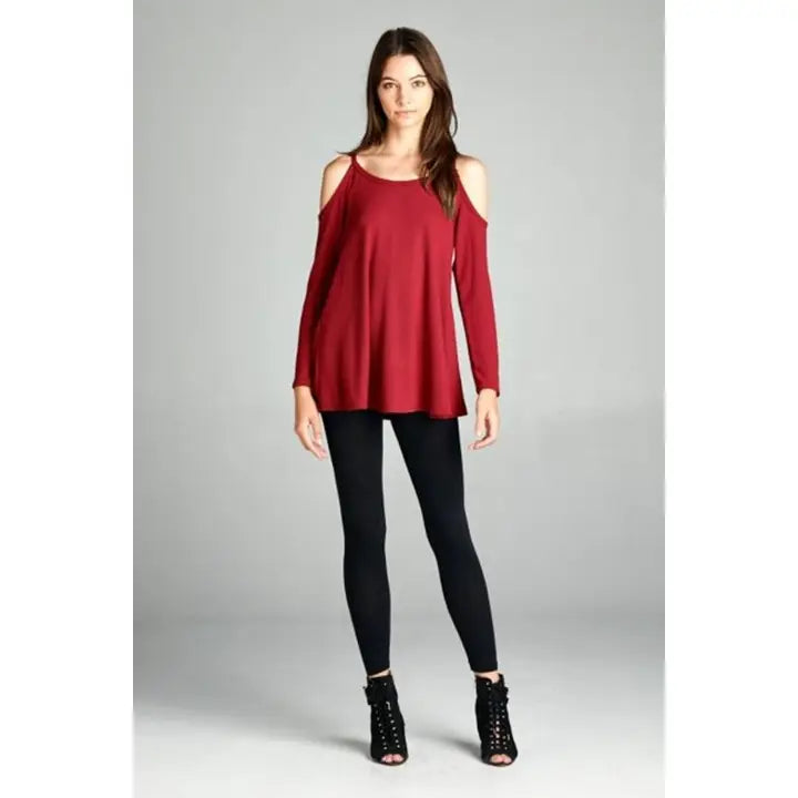 Hacci Brush Open Shoulder Tunic Top-Burgundy