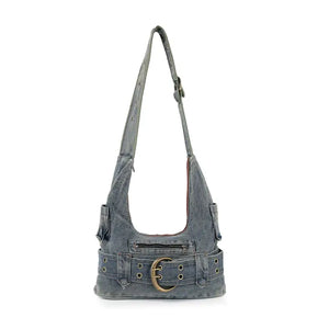 Belted Distressed Denim Shoulder Bag