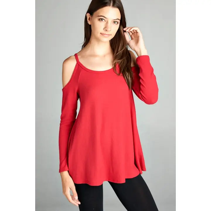 Hacci Brush Open Shoulder Tunic Top-Ruby Red