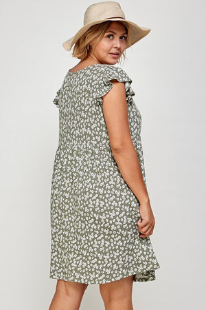 Plus Size Mini Floral Swing Dress-Olive