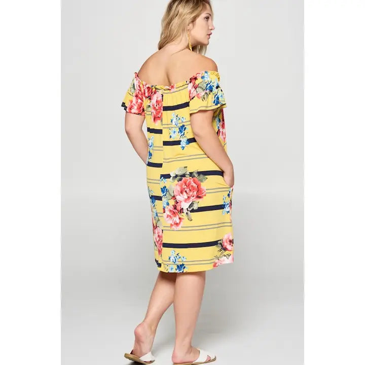 Plus Size Beautiful Floral Striped Printed Dress-Sunshine Yellow