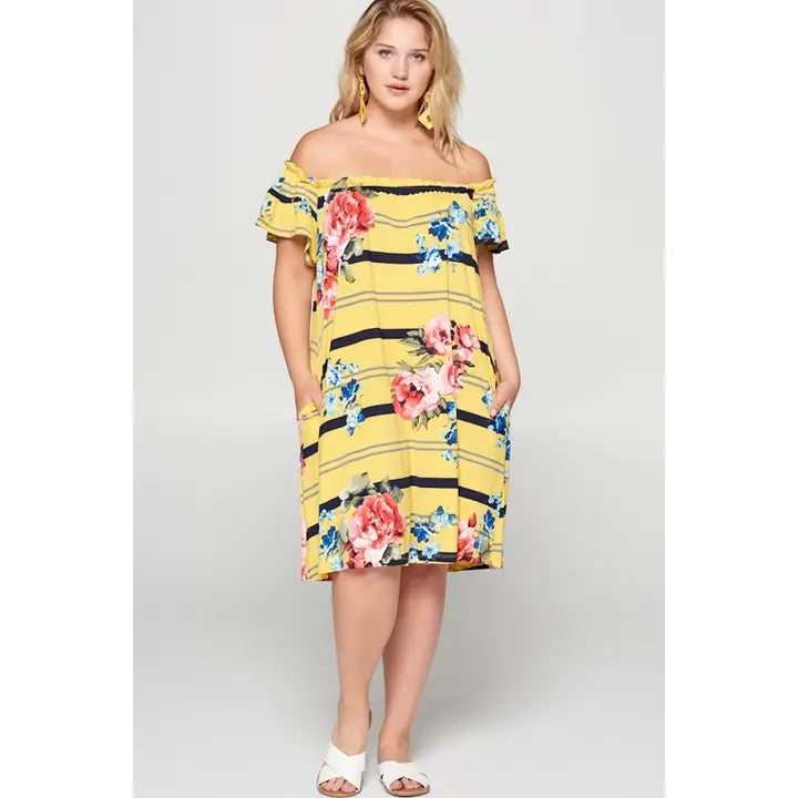 Plus Size Beautiful Floral Striped Printed Dress-Sunshine Yellow