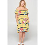 Plus Size Beautiful Floral Striped Printed Dress-Sunshine Yellow