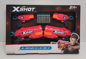 Zuru X-Shot 4 Gun Bundle - 2x Reflex 6 & 2x MK 3 with 24 Foam Darts