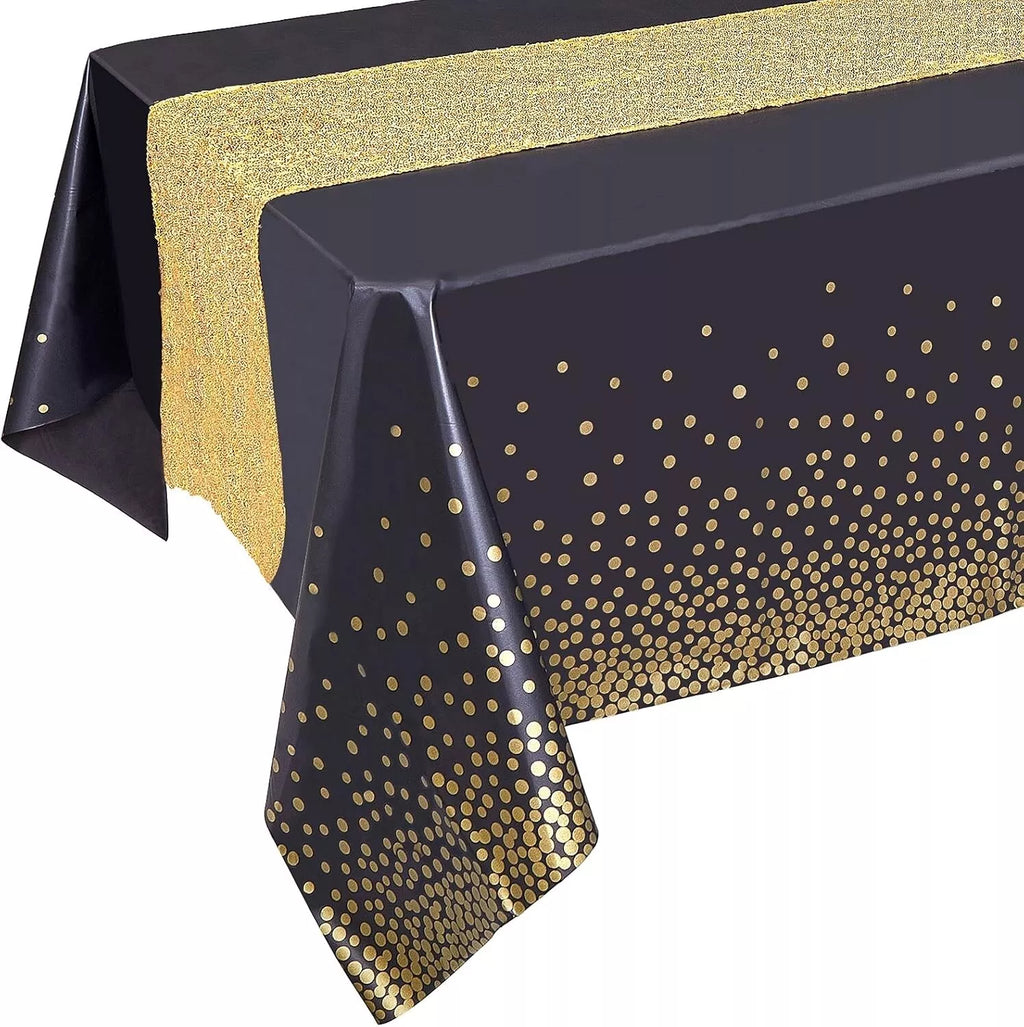 Black Tablecloth Gold Sequin Table Runner Set Black And Gold Party Decorations