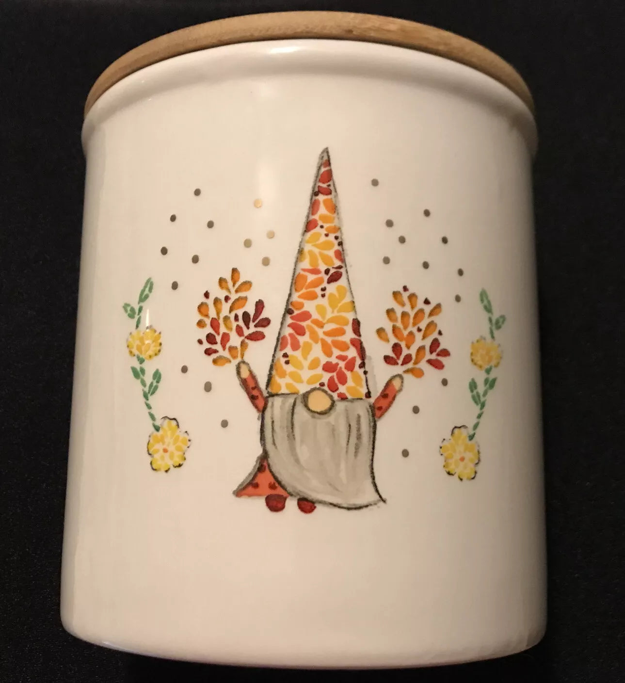 Seeds & Sunshine Gnome Canister, Ceramic, Wood Top 5"Dx5.5"H