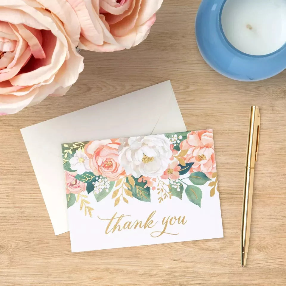 50ct Thank You Cards and Envelopes Peonies White/Blush