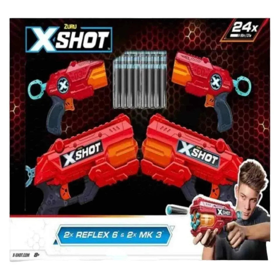 Zuru X-Shot 4 Gun Bundle - 2x Reflex 6 & 2x MK 3 with 24 Foam Darts