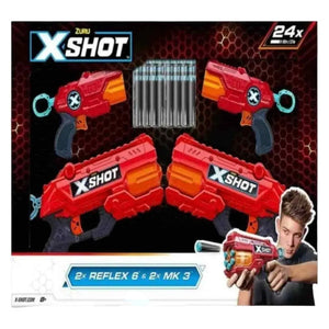 Zuru X-Shot 4 Gun Bundle - 2x Reflex 6 & 2x MK 3 with 24 Foam Darts