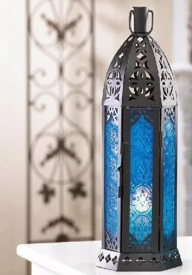 Tall Floret Blue Candle Lantern