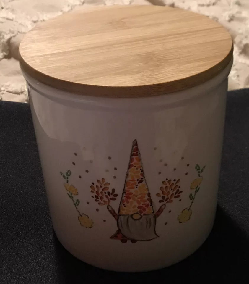 Seeds & Sunshine Gnome Canister, Ceramic, Wood Top 5"Dx5.5"H