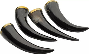 Viking Horn Set With Wooden Stand Four Horns w/Brass Molding Natural Material