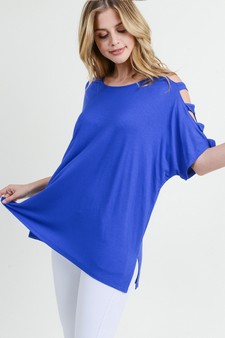 Women's Blue Short Dolman Sleeve Top with Lattice Detail