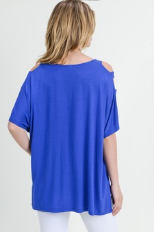 Women's Blue Short Dolman Sleeve Top with Lattice Detail